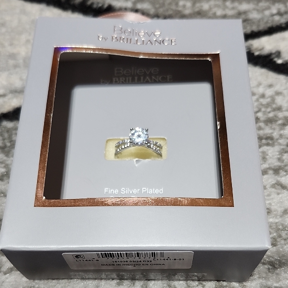 BELIEVE BY BRILLIANCE ROUND CUT HALO SETTING CUBIC ZIRCONIA  SILVER PLATED RING